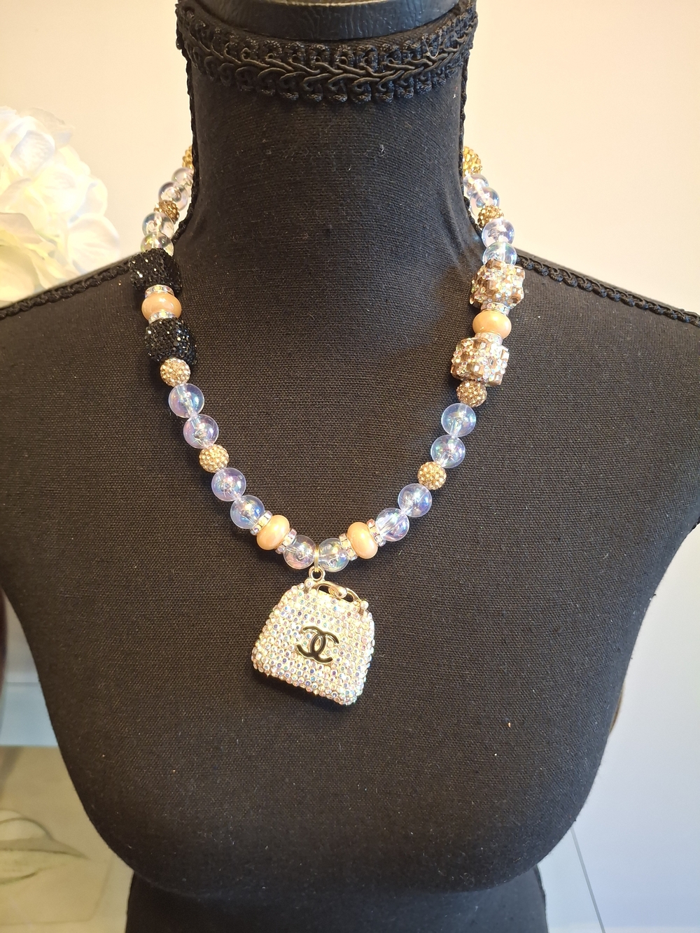 Handmade Inspired Gold Crystal Pendant Necklace - Iridescent Beads